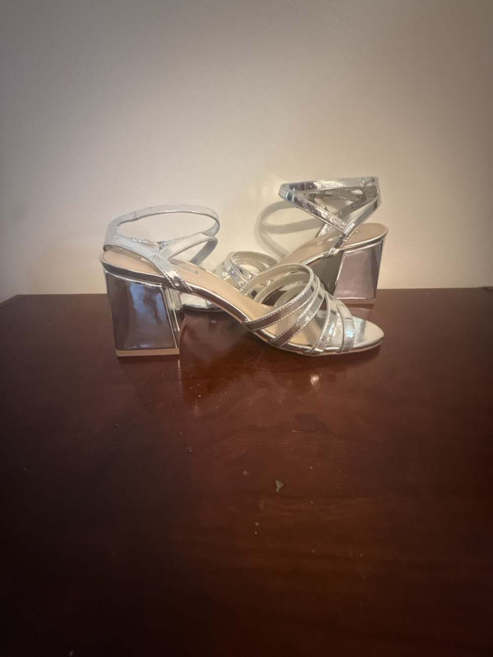 Forever 21 Metallic Silver Strappy‎ Block Heel Sandals